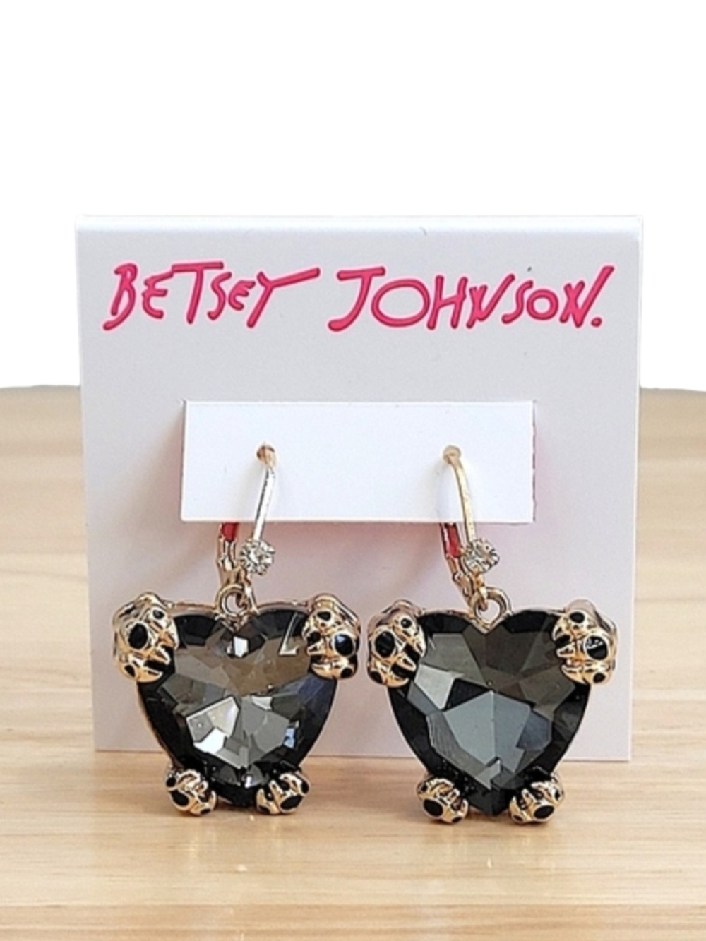 Betsey Johnson Gold-Tone Black Heart Crystal Dangle Earrings